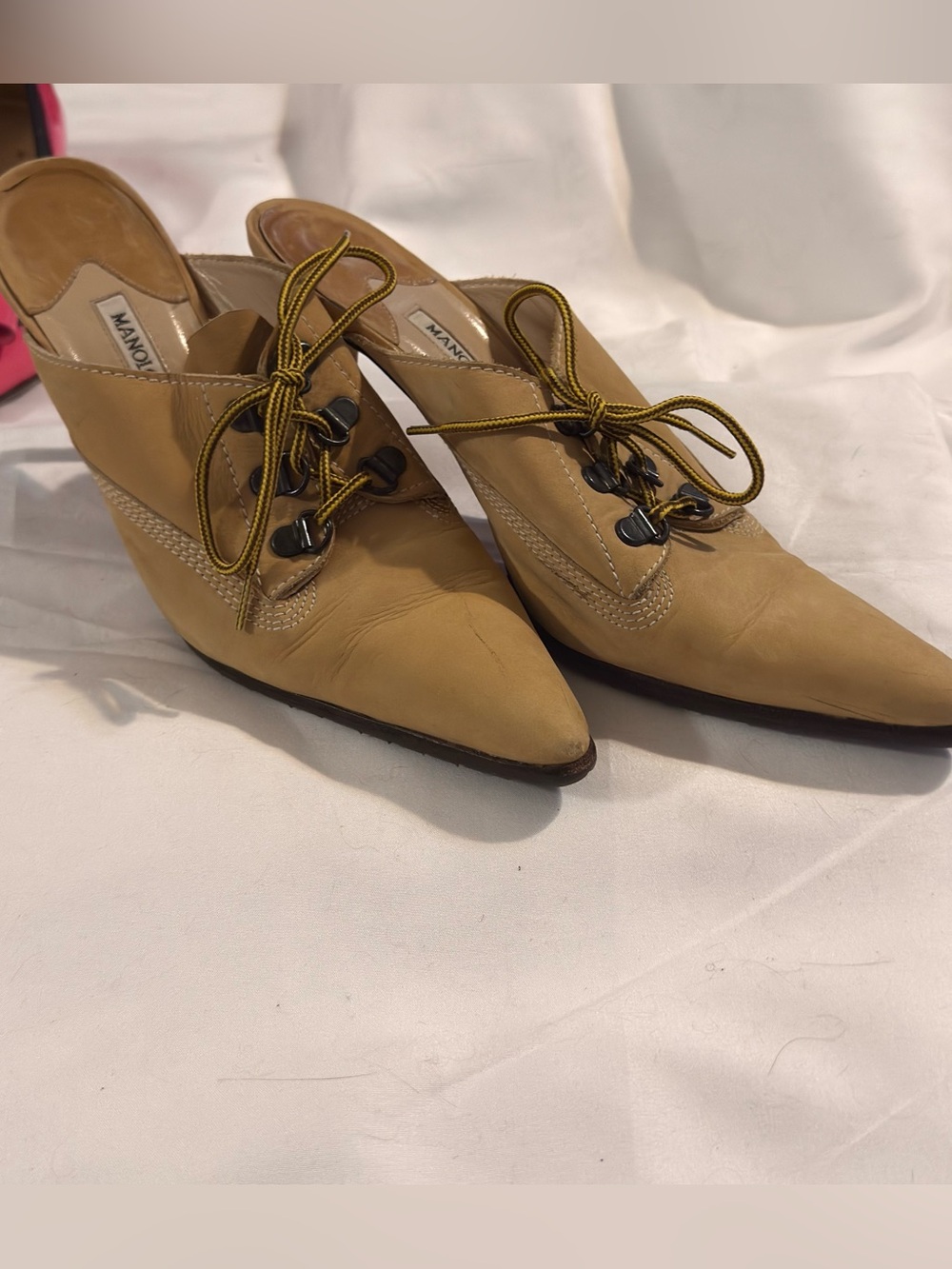 Vintage Manolo Blahnik Oklamod Timberland Pointed Toe Lace-Up Mules EU 38 US 7.5 - Picture 3 of 16